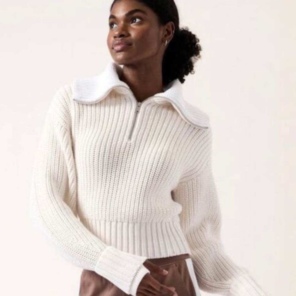 Athleta Cream Ribbed Half-Zip Sweater